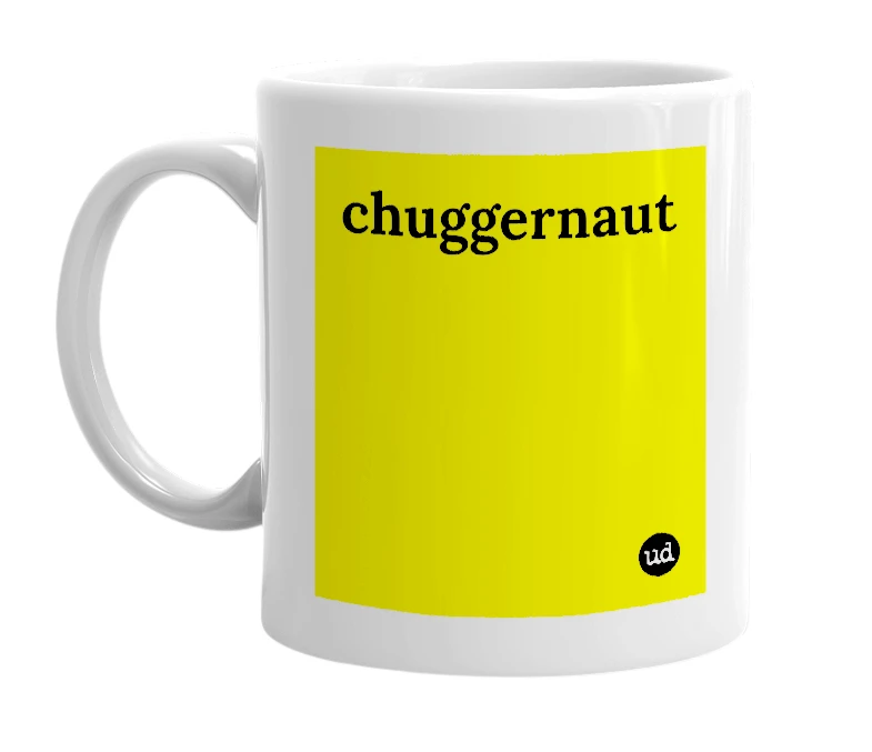 White mug with 'chuggernaut' in bold black letters