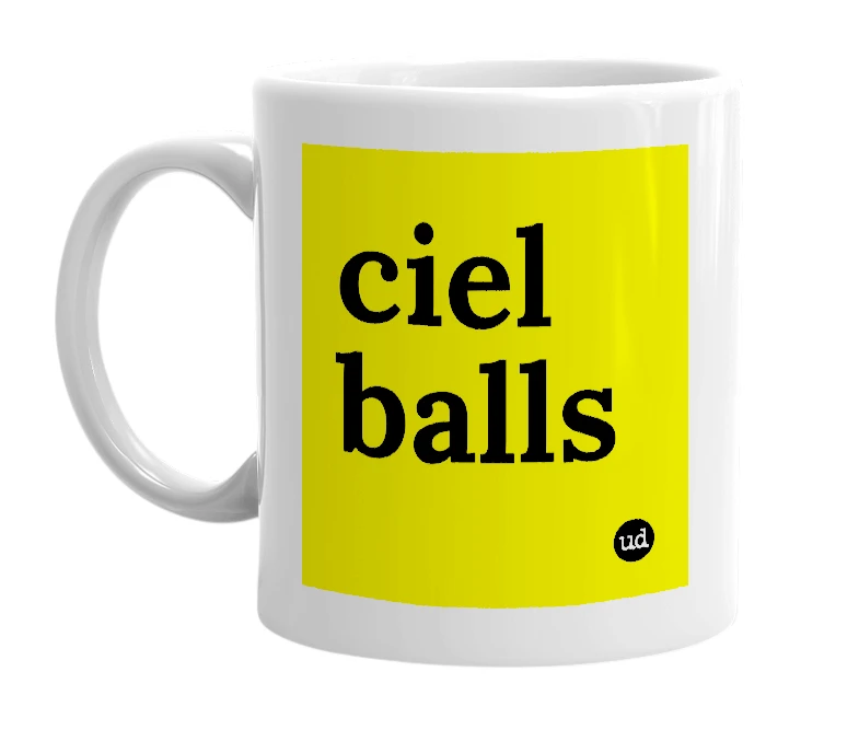 White mug with 'ciel balls' in bold black letters
