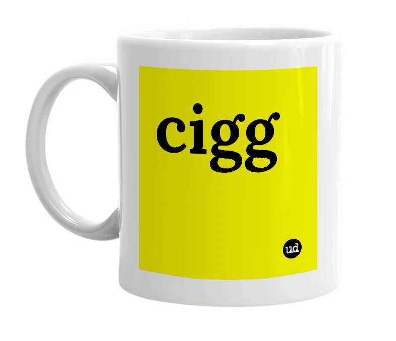 White mug with 'cigg' in bold black letters