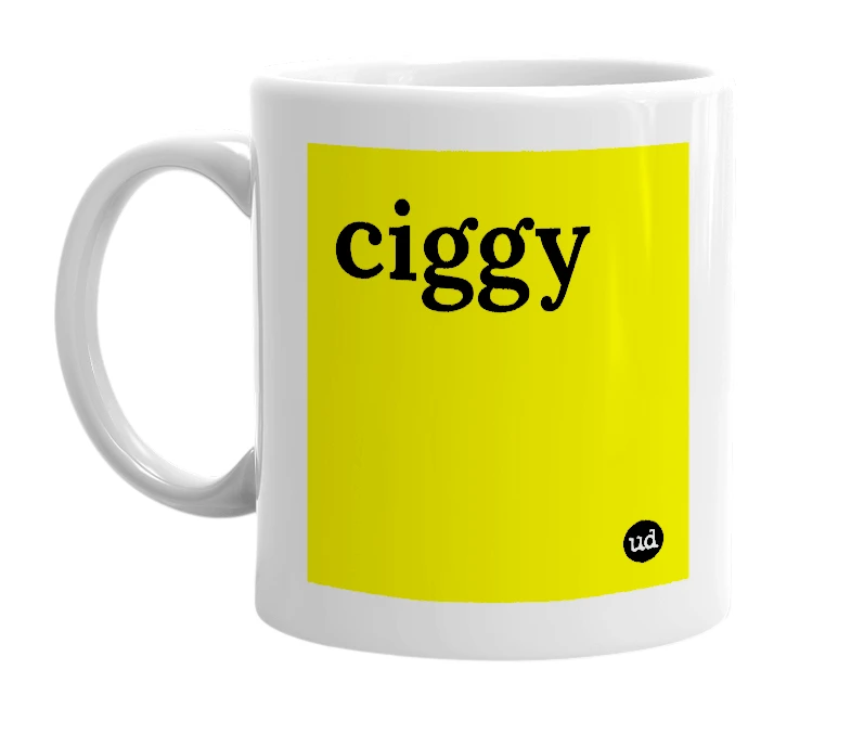 White mug with 'ciggy' in bold black letters