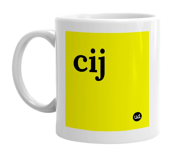 White mug with 'cij' in bold black letters