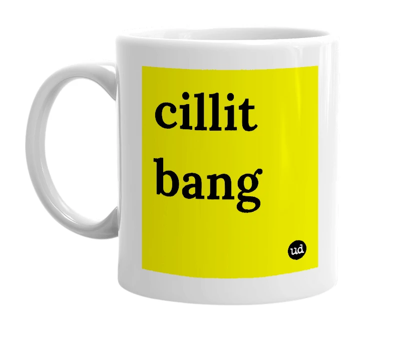 White mug with 'cillit bang' in bold black letters