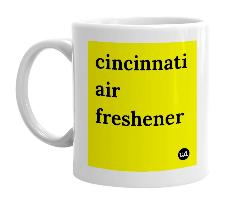 White mug with 'cincinnati air freshener' in bold black letters