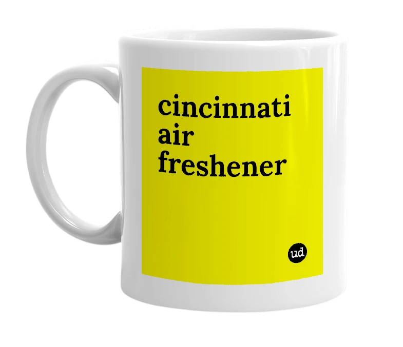 White mug with 'cincinnati air freshener' in bold black letters