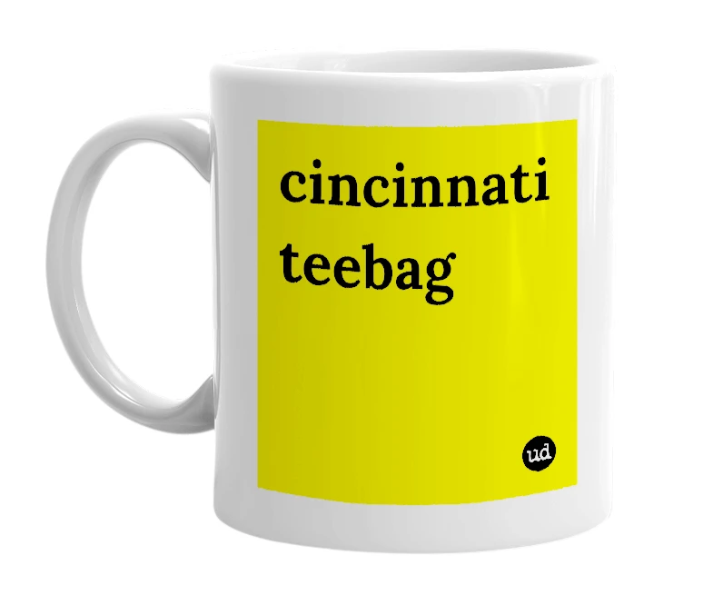 White mug with 'cincinnati teebag' in bold black letters