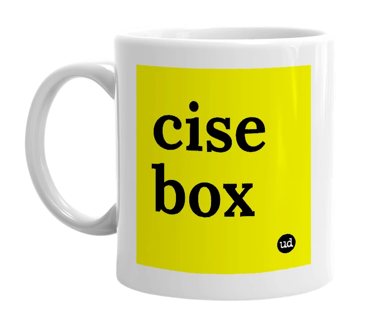 White mug with 'cise box' in bold black letters