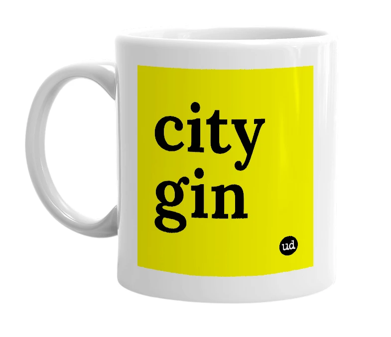 White mug with 'city gin' in bold black letters