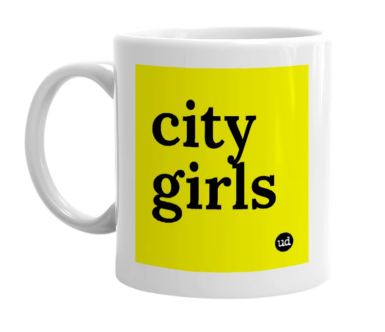 White mug with 'city girls' in bold black letters