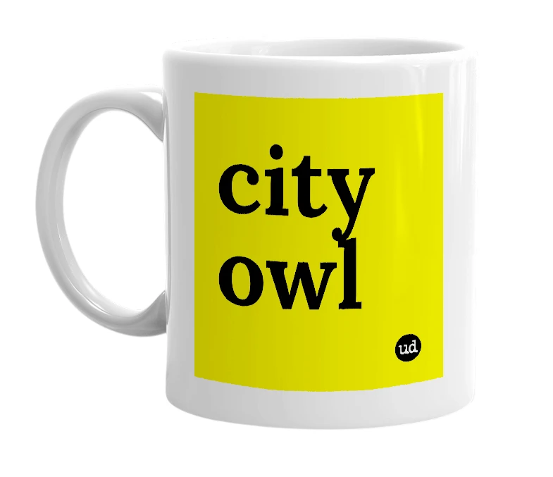 White mug with 'city owl' in bold black letters
