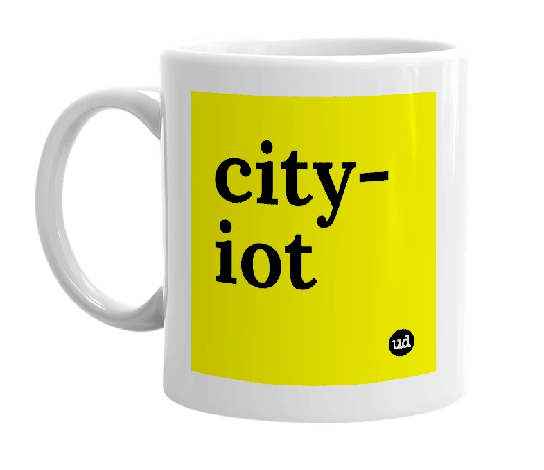 White mug with 'city-iot' in bold black letters