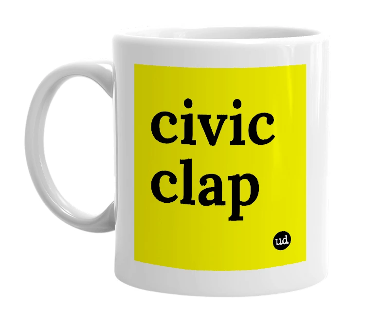 White mug with 'civic clap' in bold black letters