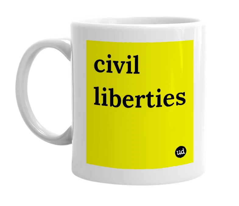 White mug with 'civil liberties' in bold black letters