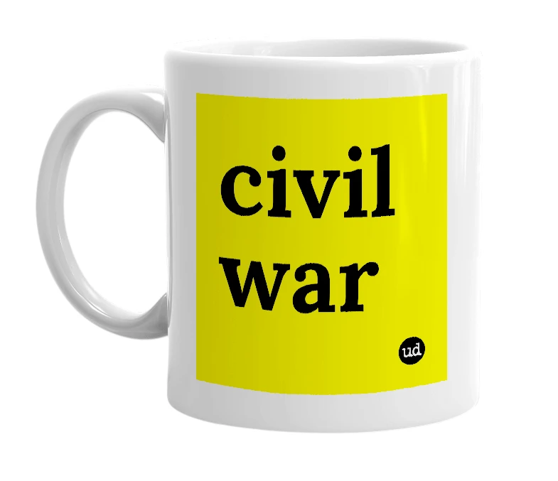 White mug with 'civil war' in bold black letters