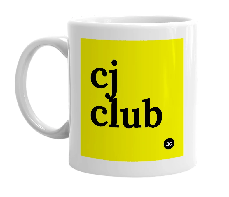 White mug with 'cj club' in bold black letters