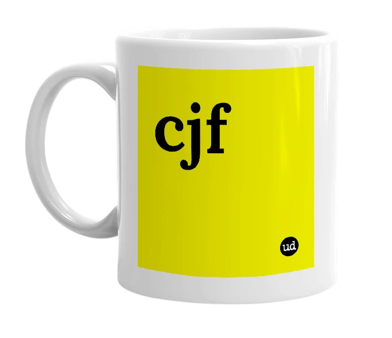 White mug with 'cjf' in bold black letters