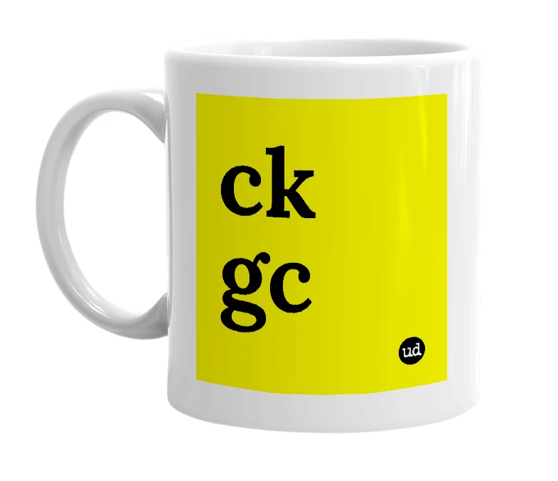 White mug with 'ck gc' in bold black letters