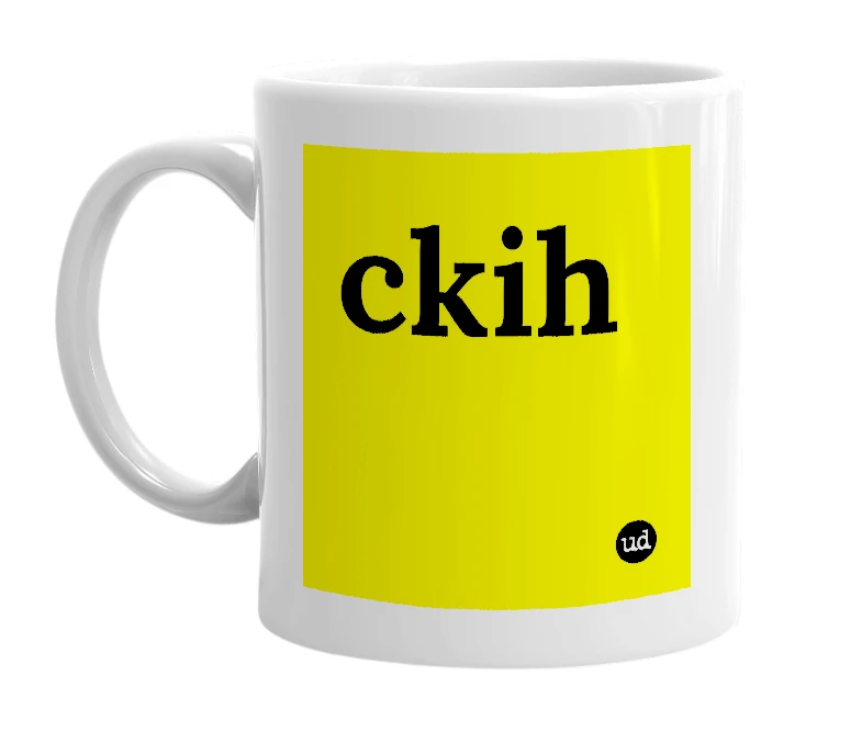 White mug with 'ckih' in bold black letters