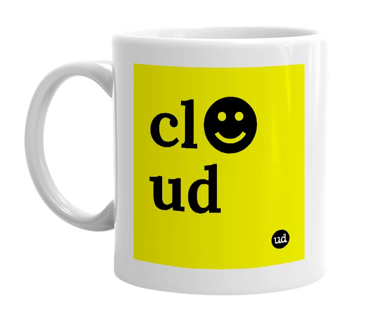 White mug with 'cl☻ud' in bold black letters