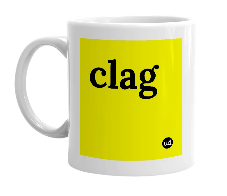 White mug with 'clag' in bold black letters