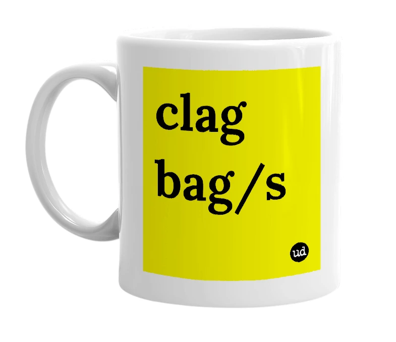 White mug with 'clag bag/s' in bold black letters