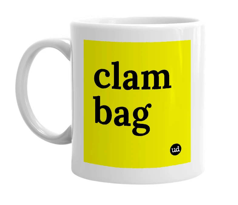 White mug with 'clam bag' in bold black letters