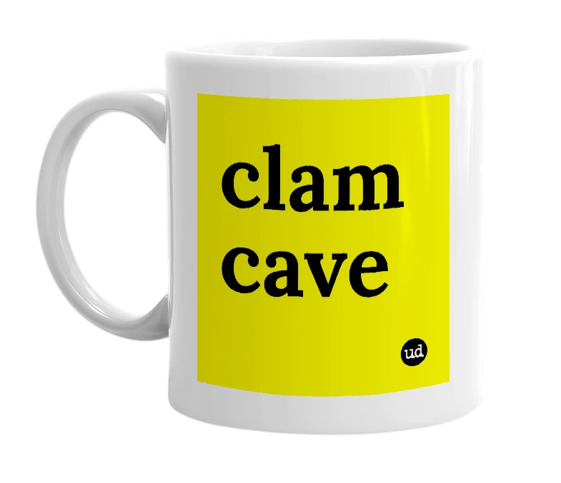 White mug with 'clam cave' in bold black letters