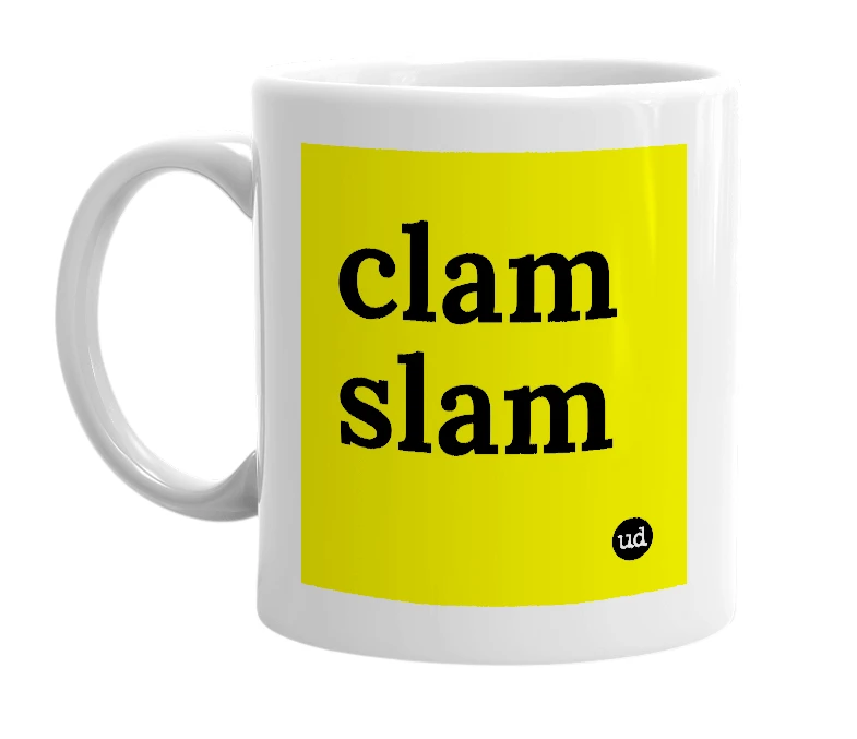 White mug with 'clam slam' in bold black letters