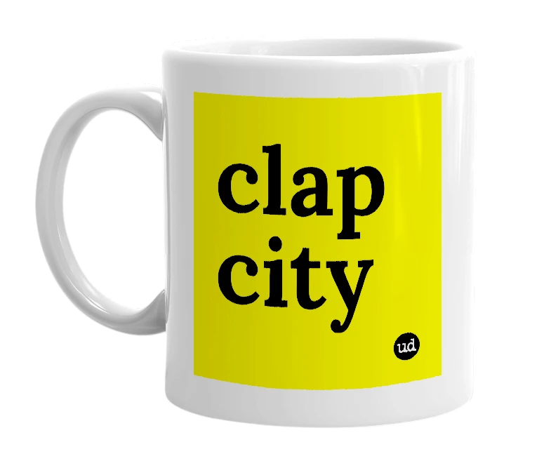 White mug with 'clap city' in bold black letters