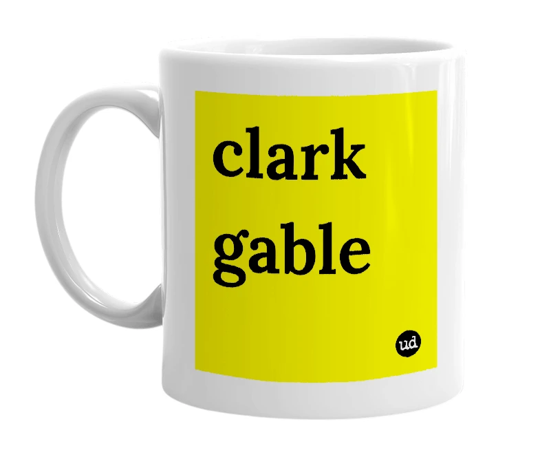 White mug with 'clark gable' in bold black letters