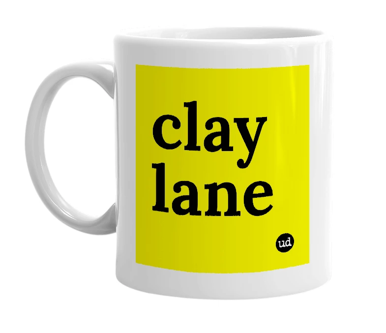 White mug with 'clay lane' in bold black letters