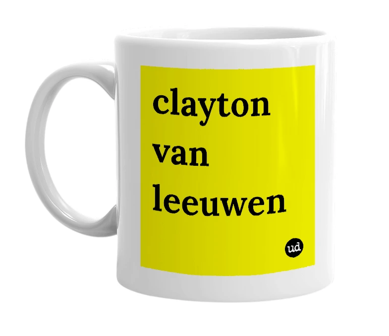 White mug with 'clayton van leeuwen' in bold black letters