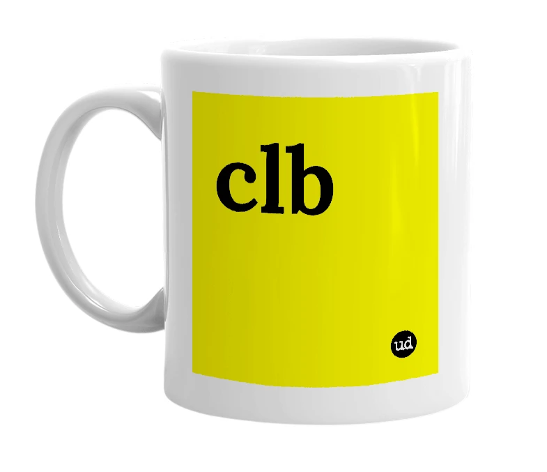 White mug with 'clb' in bold black letters