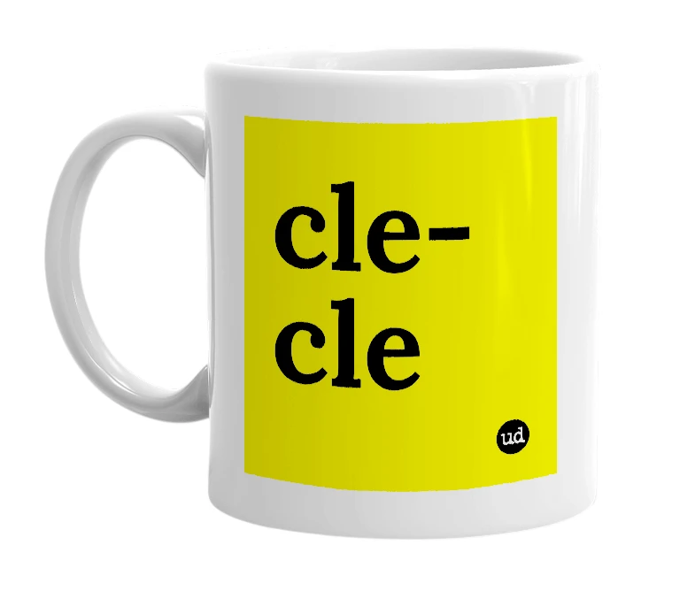 White mug with 'cle-cle' in bold black letters