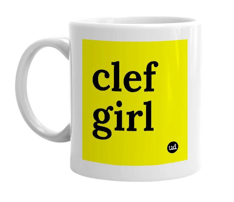 White mug with 'clef girl' in bold black letters