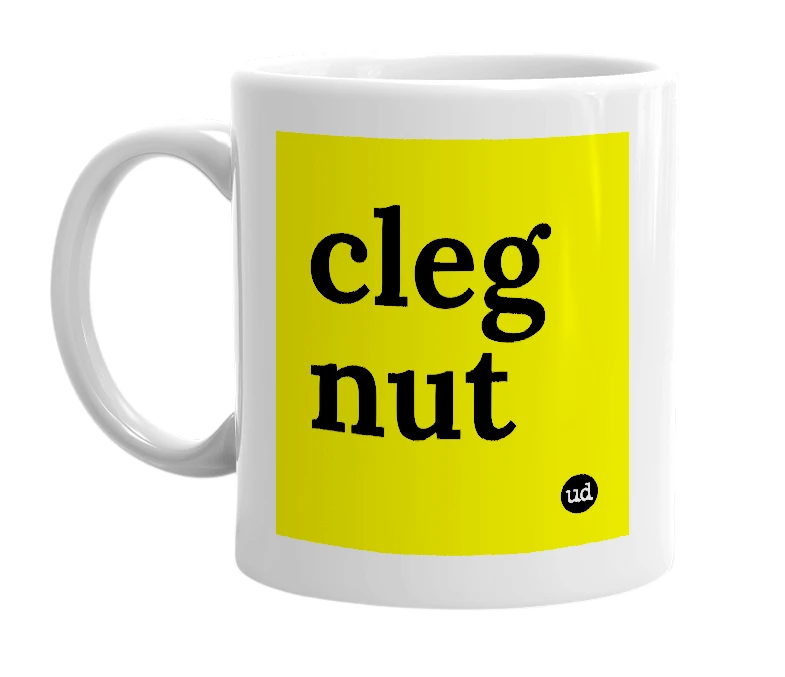 White mug with 'cleg nut' in bold black letters