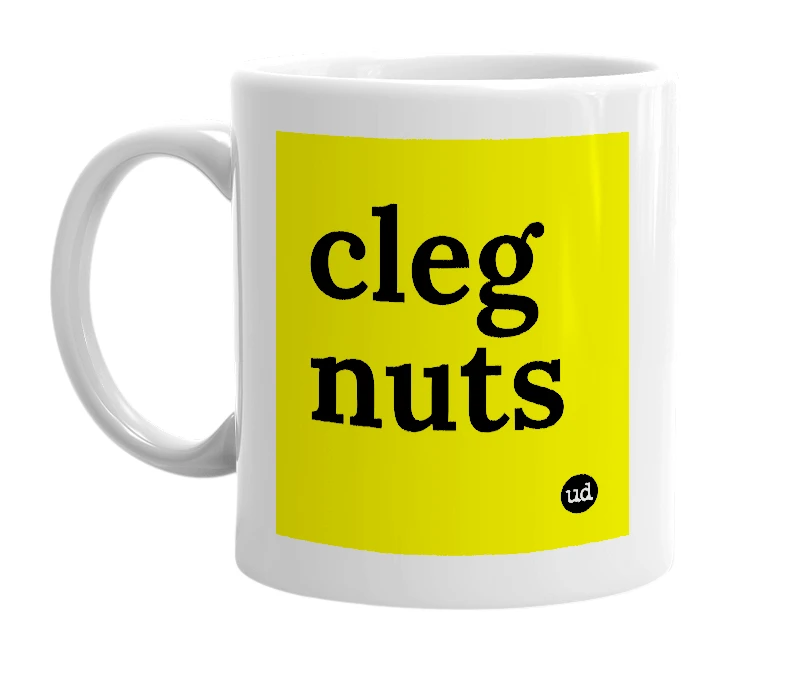 White mug with 'cleg nuts' in bold black letters