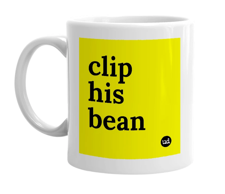 White mug with 'clip his bean' in bold black letters