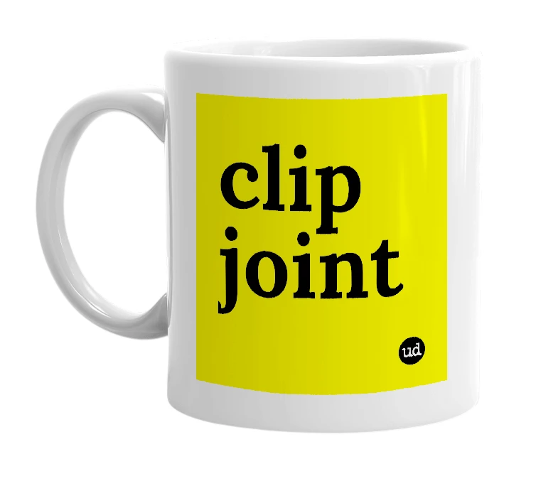 White mug with 'clip joint' in bold black letters