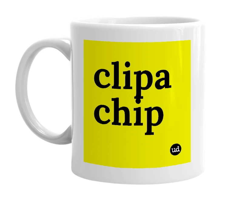 White mug with 'clipa chip' in bold black letters