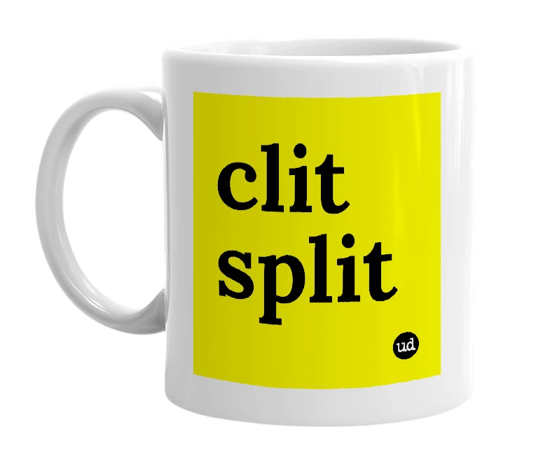 White mug with 'clit split' in bold black letters