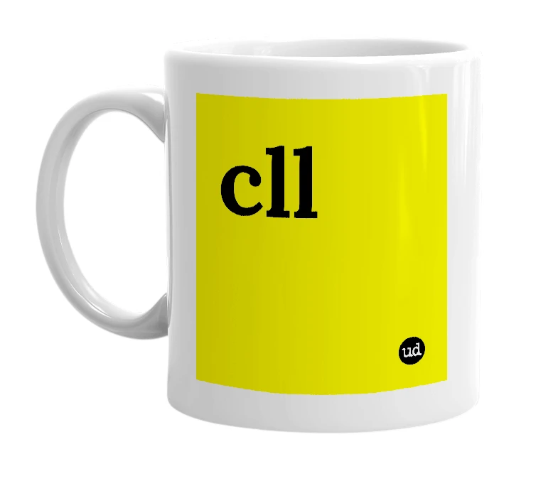 White mug with 'cll' in bold black letters