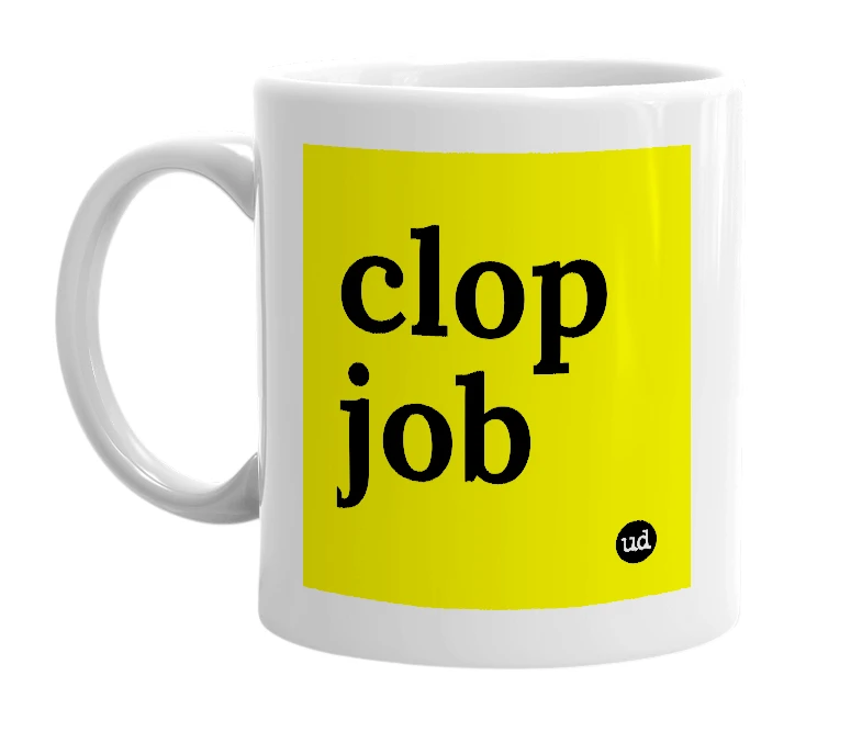 White mug with 'clop job' in bold black letters