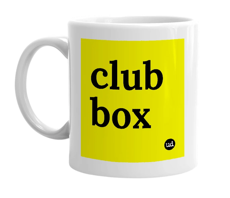 White mug with 'club box' in bold black letters