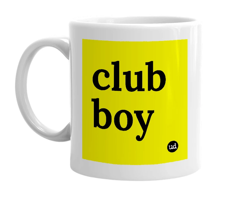 White mug with 'club boy' in bold black letters