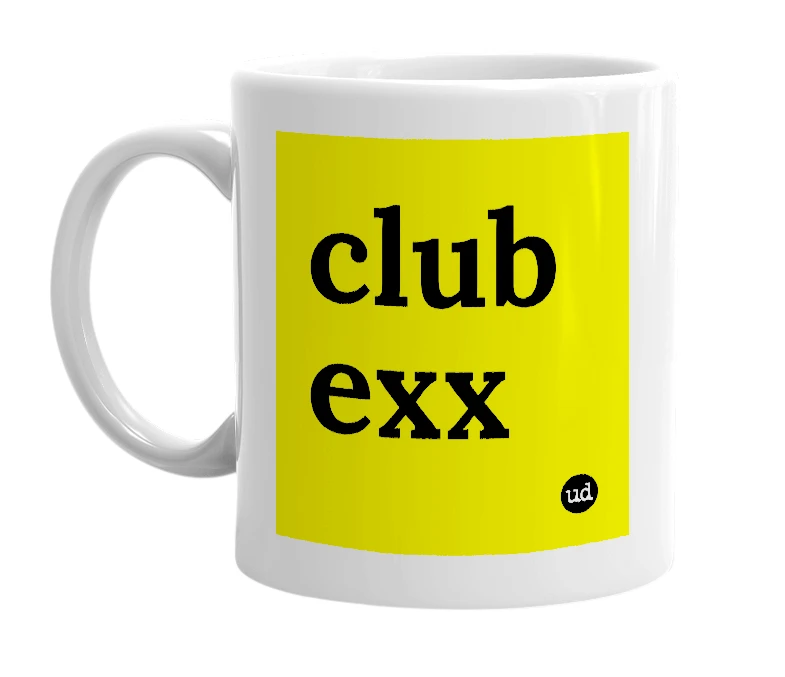 White mug with 'club exx' in bold black letters