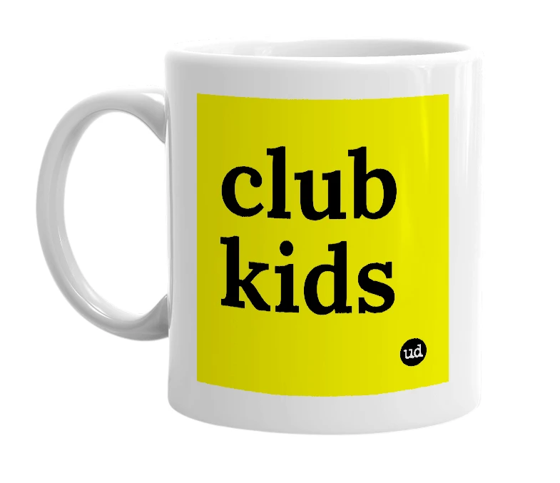 White mug with 'club kids' in bold black letters