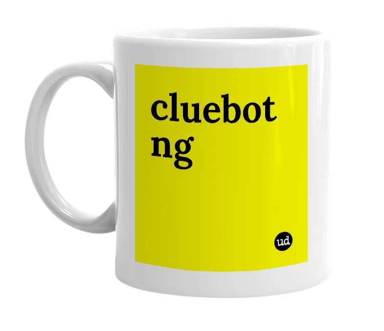White mug with 'cluebot ng' in bold black letters