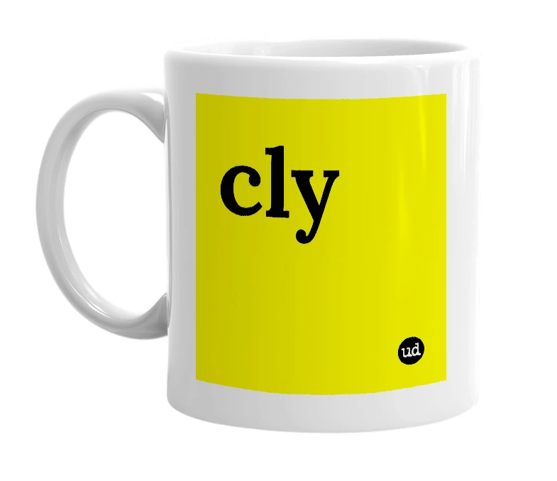 White mug with 'cly' in bold black letters