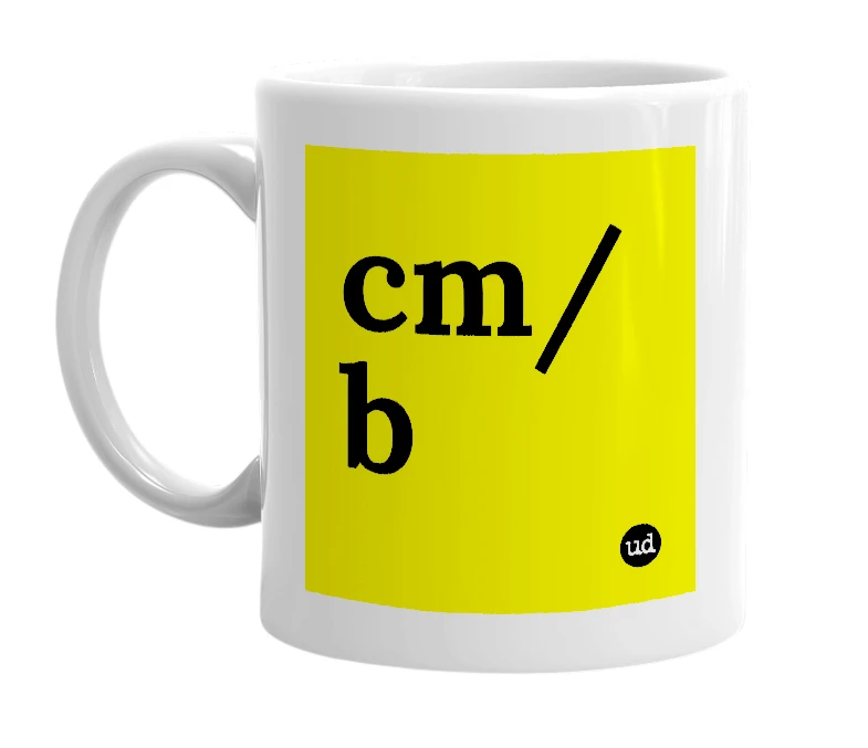 White mug with 'cm/b' in bold black letters