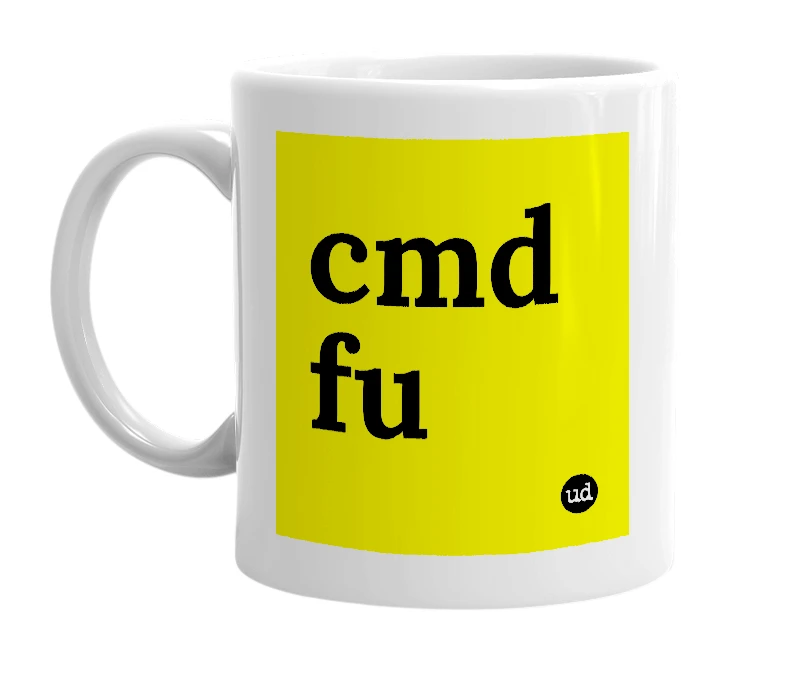 White mug with 'cmd fu' in bold black letters